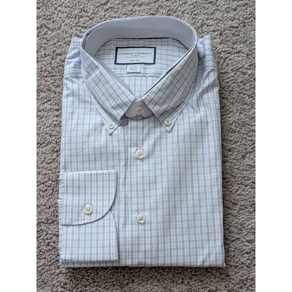 Charles Tyrwhitt Shirt 16.5/36 Lilac Purple Grid Check Oxford Slim Fit NWT